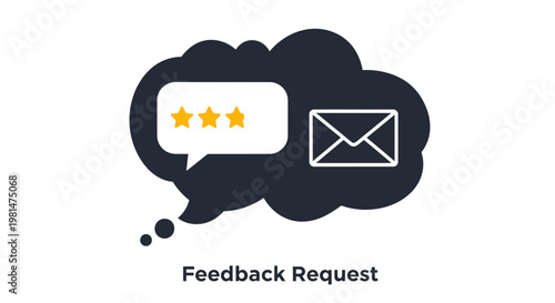 A vector graphic illustration of a feedback request with a speech bubble and envelope icon