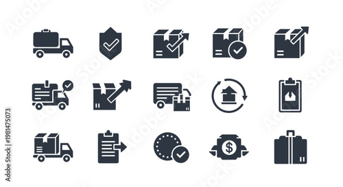 A set of flat, minimalist icons representing logistics and delivery services