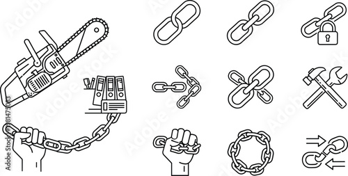 Chain, Link, and Tool Icon Set Featuring Chainsaws, Wrenches, Locks, and Strong Links for Security, Repair, and Mechanical Illustrations
