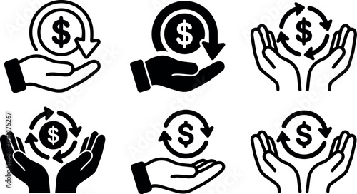 Black and white dollar coin hands with recycling arrows vector icons