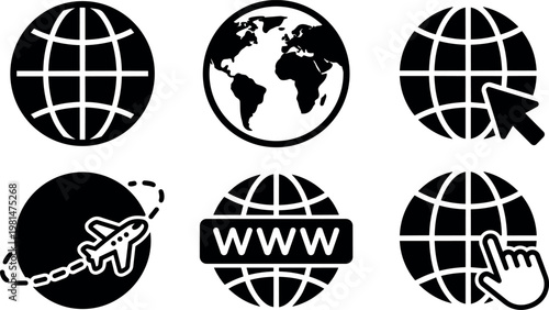 Black and white globe and internet icons with airplane and cursor symbols