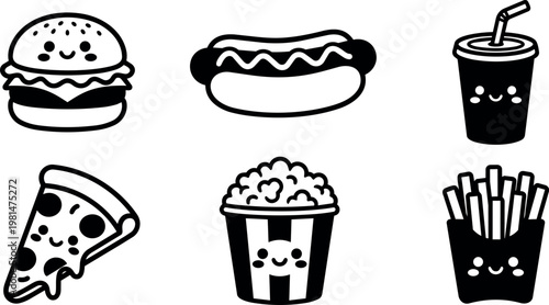 Kawaii style burger hotdog pizza popcorn fries and soda vector art set