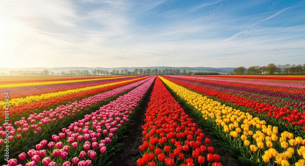Fototapeta premium Vibrant Tulip Field Under Blue Sky.