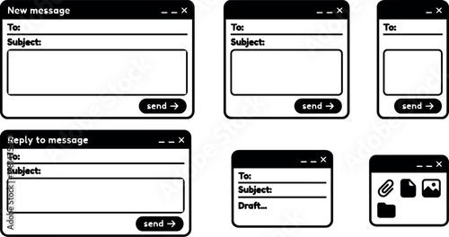 Black and white vector art email message windows with send buttons