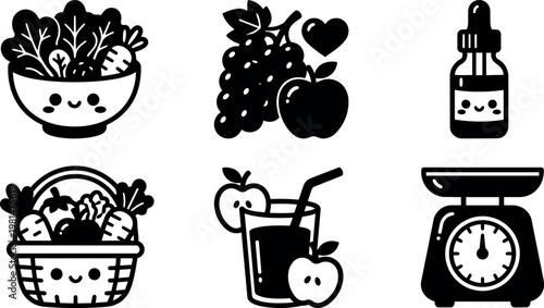 Black and white cute vegetable basket fruit juice and kitchen scale icons