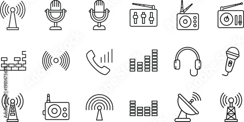 Communication and Audio Icon Set Featuring Microphones, Radios, Signal Towers, Headphones, and Satellite for Broadcasting, Music, and Telecommunications Illustrations