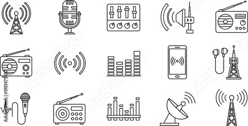 Radio and Audio Equipment Icon Set Featuring Microphones, Radios, Signal Towers, Soundbars, and Wireless Devices for Communication, Music, and Broadcasting Illustrations