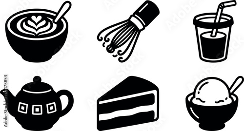 Black and white cafe drink dessert icons set including coffee tea cake and ice cream
