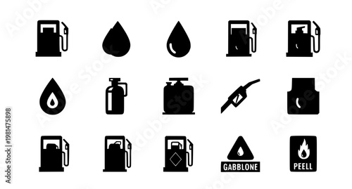Modern fuel icon set with geometric petrol pump oil gas symbols and gasoline logo collection