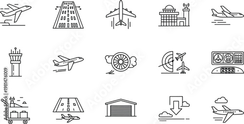 Aviation and Airport Icon Set Featuring Airplanes, Runways, Control Towers, Jet Engines, and Flight Elements for Travel, Airplane, and Transportation Illustrations