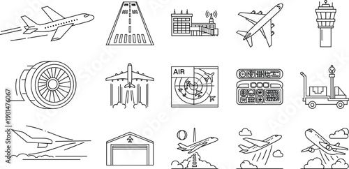 Aviation Icon Set Featuring Airplanes, Runways, Control Towers, and Airport Elements for Travel, Transportation, and Airplane Illustrations