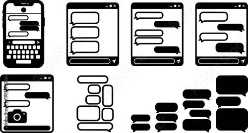 Black and white vector chat bubbles and messaging interface icons set