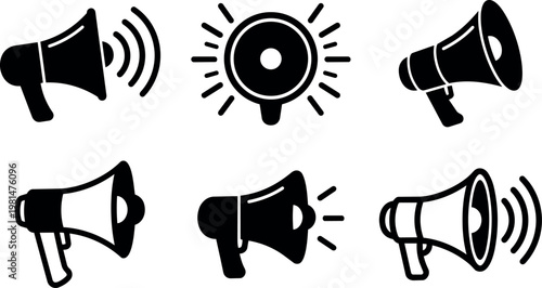 Black megaphone and loudspeaker icons with sound waves vector art