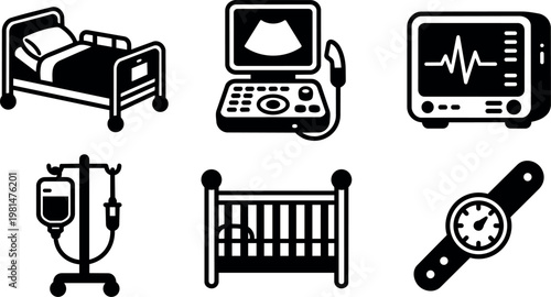Black and white medical equipment icons hospital bed monitor and ultrasound