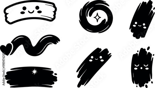 Black and white cute brush strokes with facial expressions vector art set