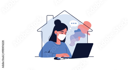 Young woman wearing a protective face mask while working remotely on a laptop computer from the safety of her home environment.