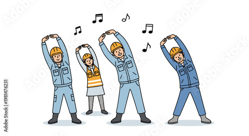 Team of construction or factory workers in blue uniforms and yellow hard hats performing stretching exercises together to music.