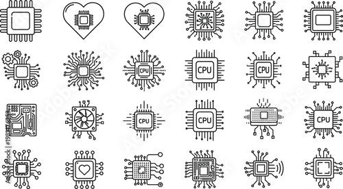 Tech and CPU Icon Set Featuring Circuit Boards, Microchips, and Digital Designs for Technology, Electronics, and IT Illustrations