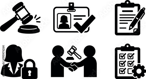 Black and white legal gavel id badge checklist clipboard icons vector art