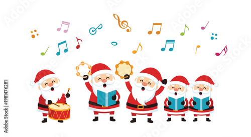 Festive group of Santa Claus characters singing in a choir while playing drums and tambourines surrounded by colorful musical notes.