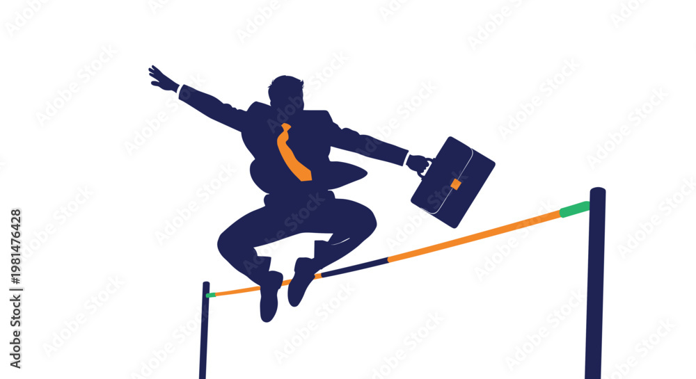 Naklejka premium Determined businessman silhouette leaping over a high jump hurdle while carrying a briefcase to symbolize overcoming business challenges.