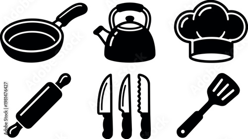 Black and white kitchenware collection with frying pan kettle chef hat and utensils