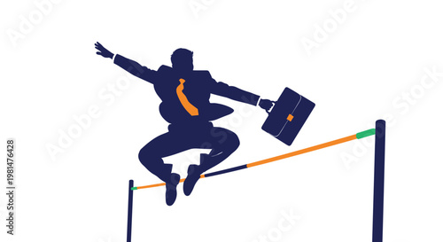 Determined businessman silhouette leaping over a high jump hurdle while carrying a briefcase to symbolize overcoming business challenges.