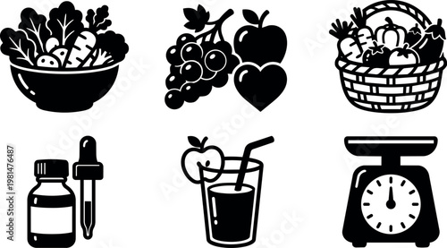 Black and white vector icons of fresh fruits vegetables juice and scale
