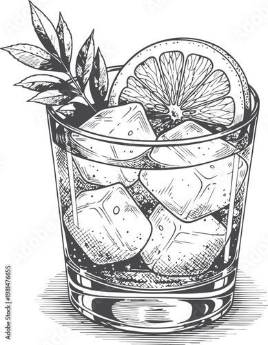 A refreshing cocktail with ice and citrus slice rendered in a detailed engraving style
