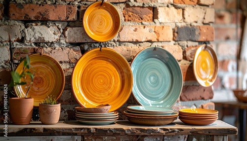 Colorful ceramic plates displayed on shelf