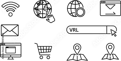 Set of 10 Flat Minimalist Line Icons Featuring Wi-Fi, Globe, VRL Button, Email, Shopping Cart, and Map Location Pins, Perfect for Web and Digital Design