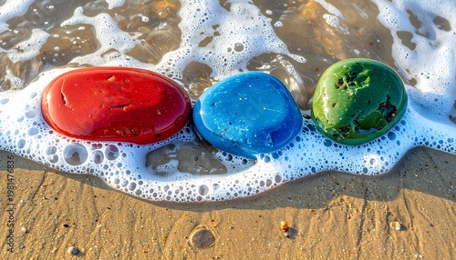 Colorful smooth stones on a sandy beach