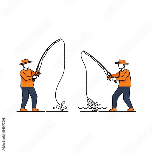 Fisherman catching a fish with fishing rod, outdoor hobby, leisure activity