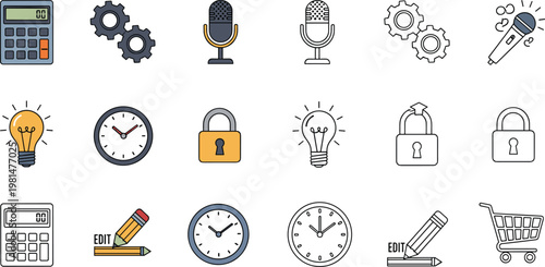 Set of 16 Flat Minimalist Line Icons Featuring Calculator, Microphone, Gears, Light Bulb, Lock, Clock, and Shopping Cart, Ideal for Digital and Web Design