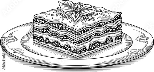 A slice of lasagna with fresh basil on top served on a decorative plate in a classic engraving style