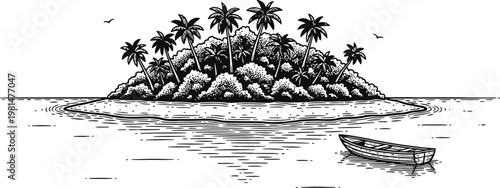 A solitary rowboat drifts on calm ocean waters near a lush tropical island with palm trees under a bright sky