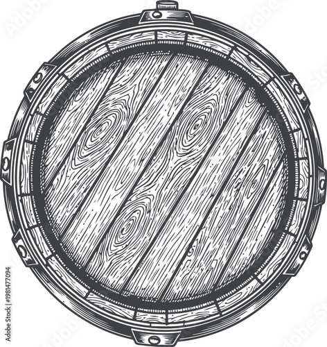 A wooden barrel top viewed from above with a detailed wood grain pattern and metal bands