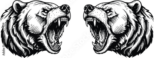 Aggressive Grizzly Bear Heads in Detailed Engraving Style with Open Mouths