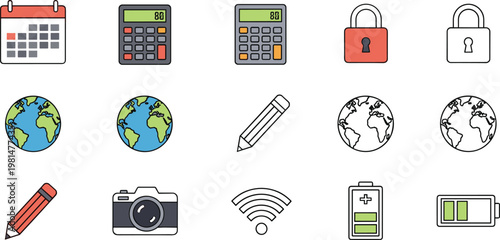 Set of 12 Flat Minimalist Line Icons Featuring Calendar, Calculator, Lock, Globe, Pencil, Camera, Wi-Fi, and Battery, Perfect for Digital and Web Design