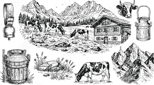 Alpine dairy farm scene with grazing cows and mountain backdrop in a rustic sketch style