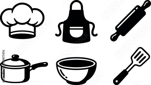 Black and white kitchen cooking utensils chef hat apron rolling pin bowl spatula set
