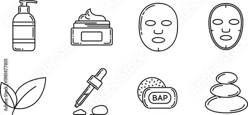 Skincare and Beauty Icon Set Featuring Lotion, Cream, Face Masks, Serum, and Natural Elements for Personal Care, Wellness, and Beauty Illustrations