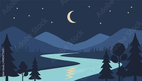 Moonlit Night Landscape with River, Mountains and Forest Vector Illustration