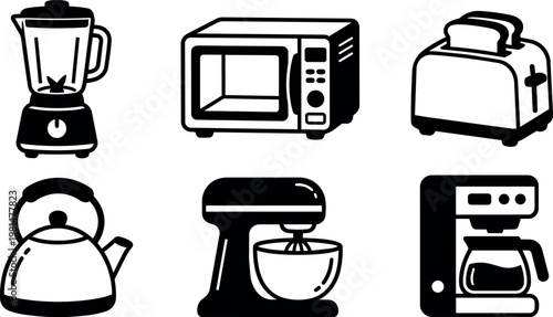Black and white kitchen appliances icons blender microwave toaster kettle mixer coffee maker