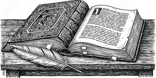 Antique leather-bound books and feather quill pen resting on a wooden table during a study session