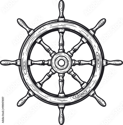 Fotografie Antique wooden ship's steering wheel in a vintage sketch style for nautical them
