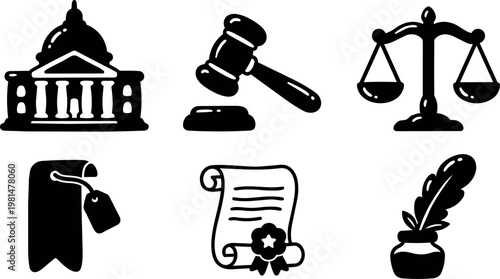 Black and white line art legal court gavel scales certificate and quill icons