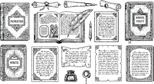 Antique writing and calligraphy elements with scrolls and inkwell in vintage illustration style