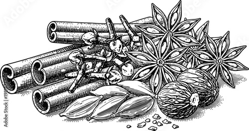 Aromatic spice blend with star anise cinnamon and cloves in detailed engraving style