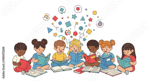 A group of diverse children are enthusiastically reading books together, depicted in a colorful vector illustration promoting literacy and education for World Book Day against a bright